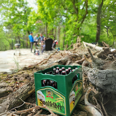 Kiste mit Flaschen, im Vordergrund auf dem Boden, bei einem Treffen im Grünen.