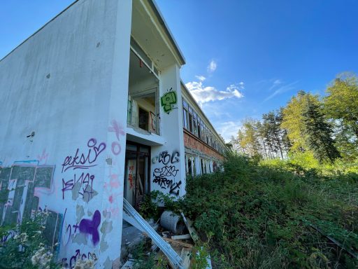 Verlassenes Gebäude mit Graffiti, umgeben von hohem Gras und Bäumen unter blauem Himmel.