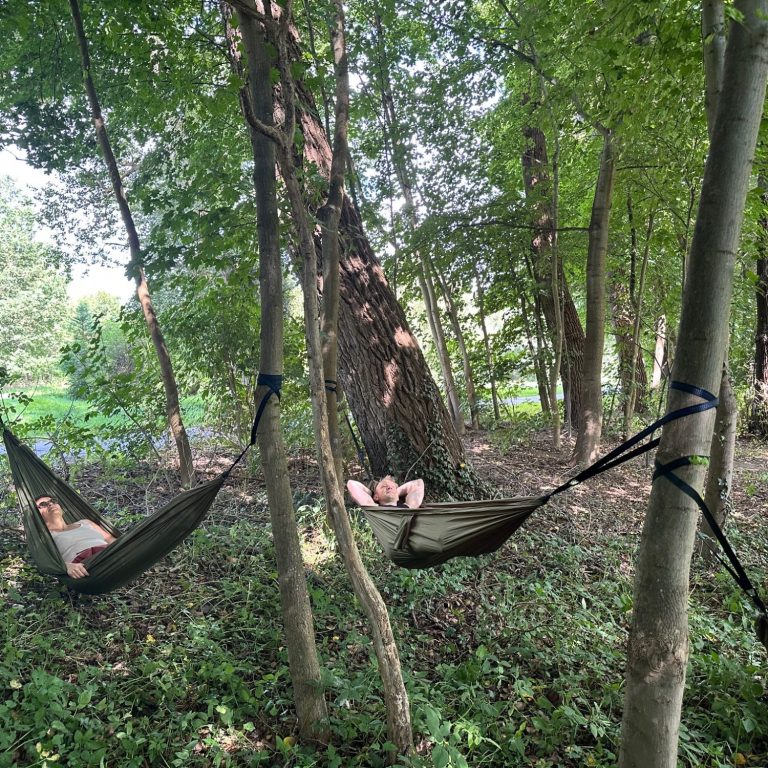 Zwei Hängematten zwischen Bäumen im Wald, zwei Personen relaxen darin.